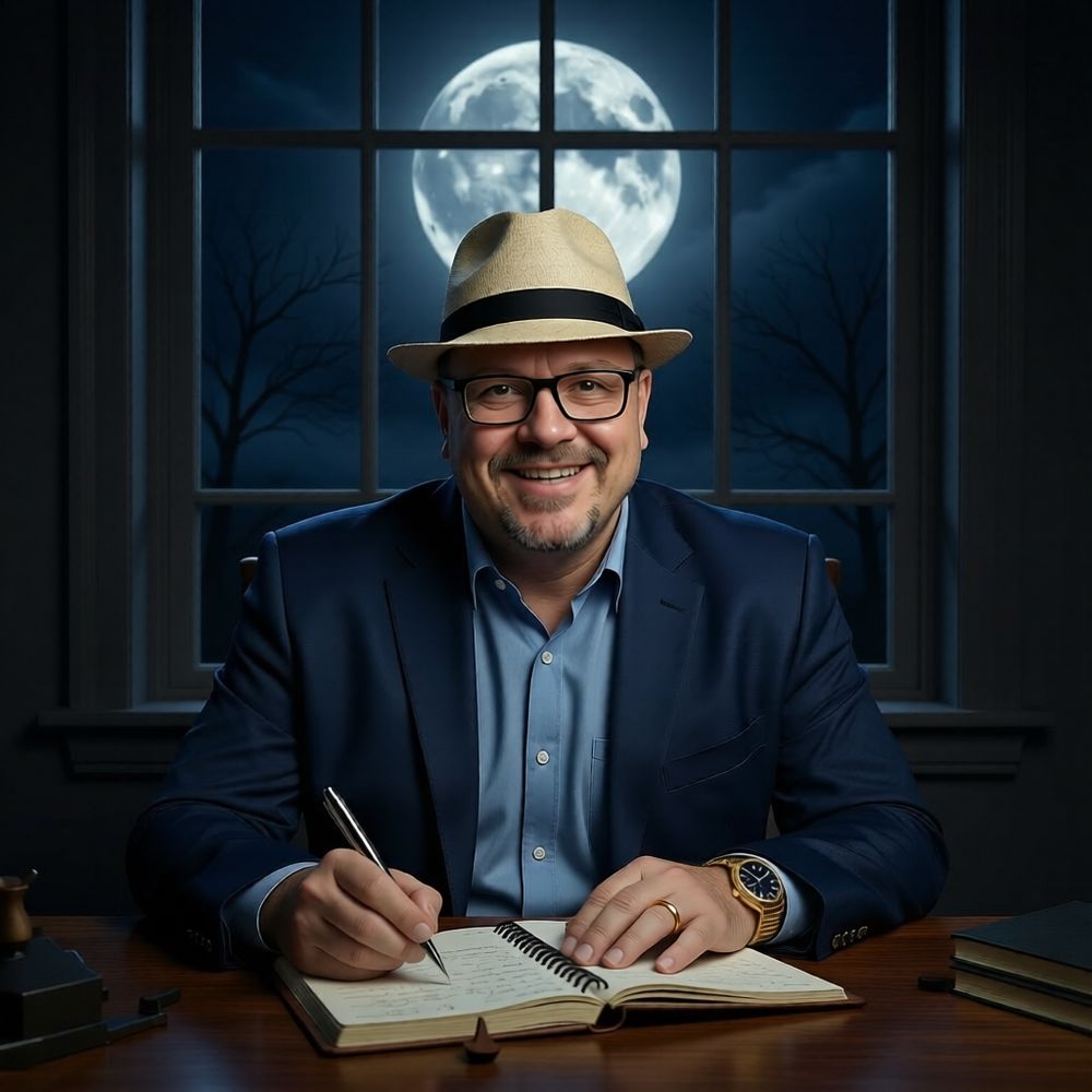 Author Dave Langley writing in a notebook at his desk by moonlight